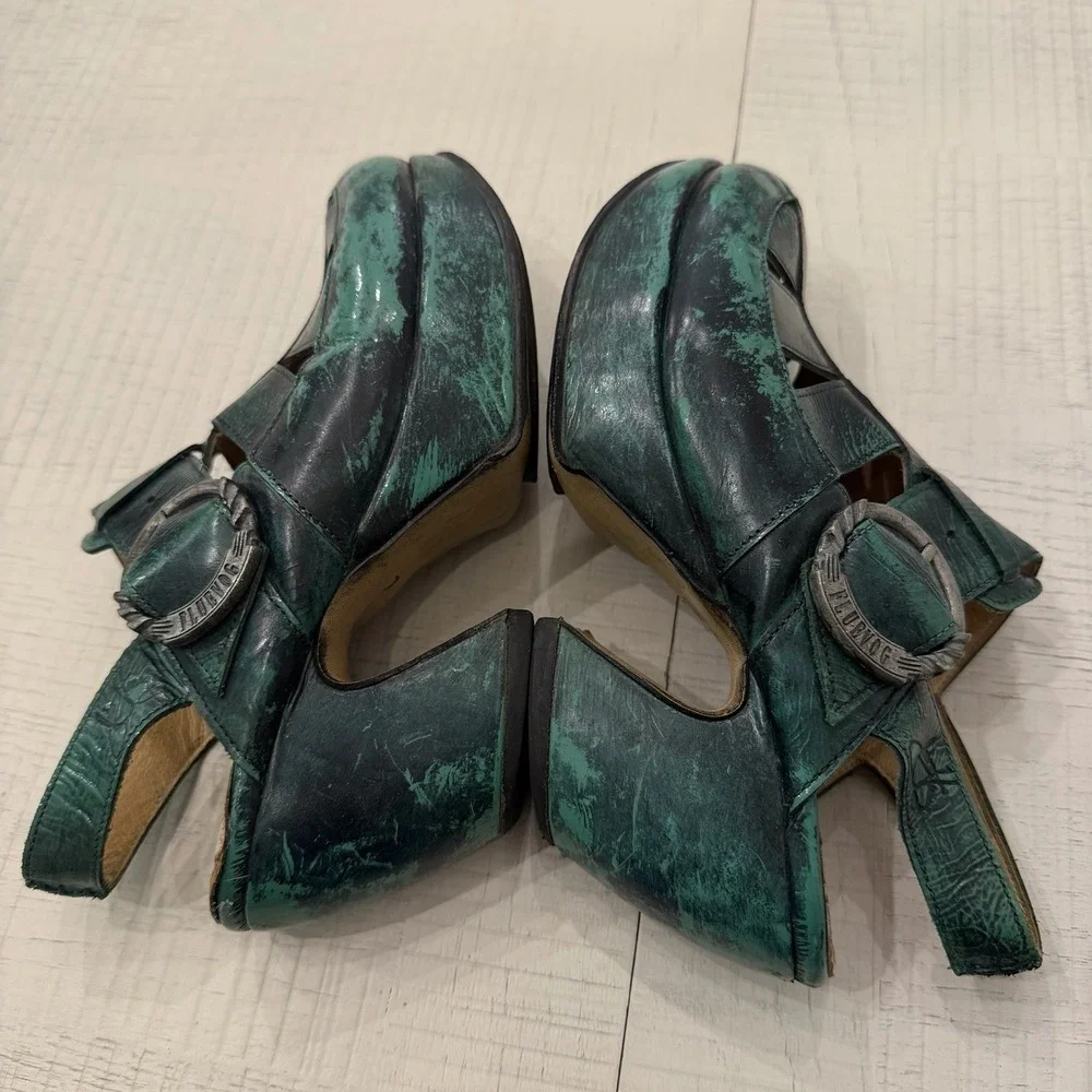 John Fluevog Prepare Leader Size 7 Platform Green Black Chunky Leather Mary Jane - Picture 2 of 9